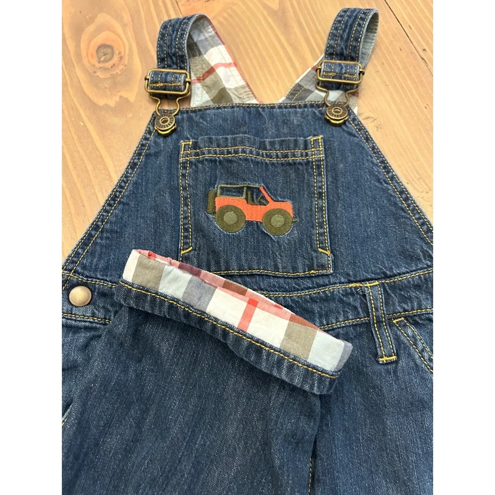 Cc23 Gymboree Boys Denim Overalls 3T Blue Plaid Lined Truck Embroidered Jeans